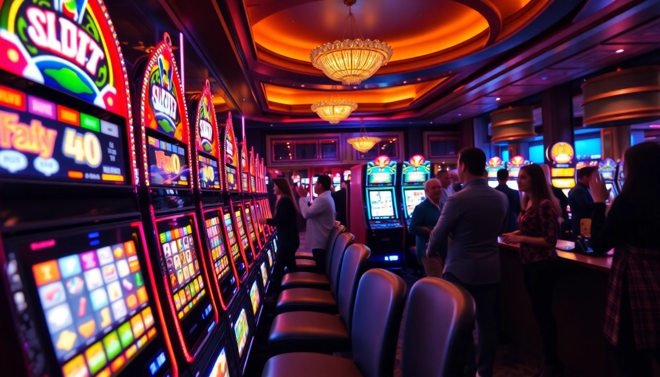 SLOT365, suasana kasino yang ceria dengan mesin slot dan pemain yang bersemangat.