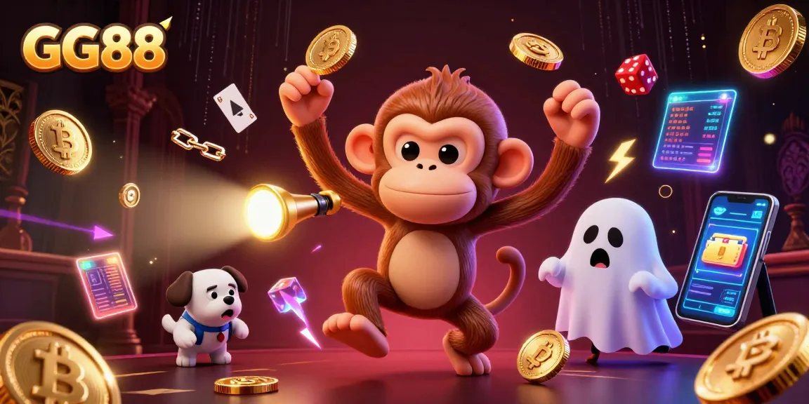 Experience the thrill of GG88 as the mischievous poltergeist monkey juggles golden treasures in a haunted casino.
