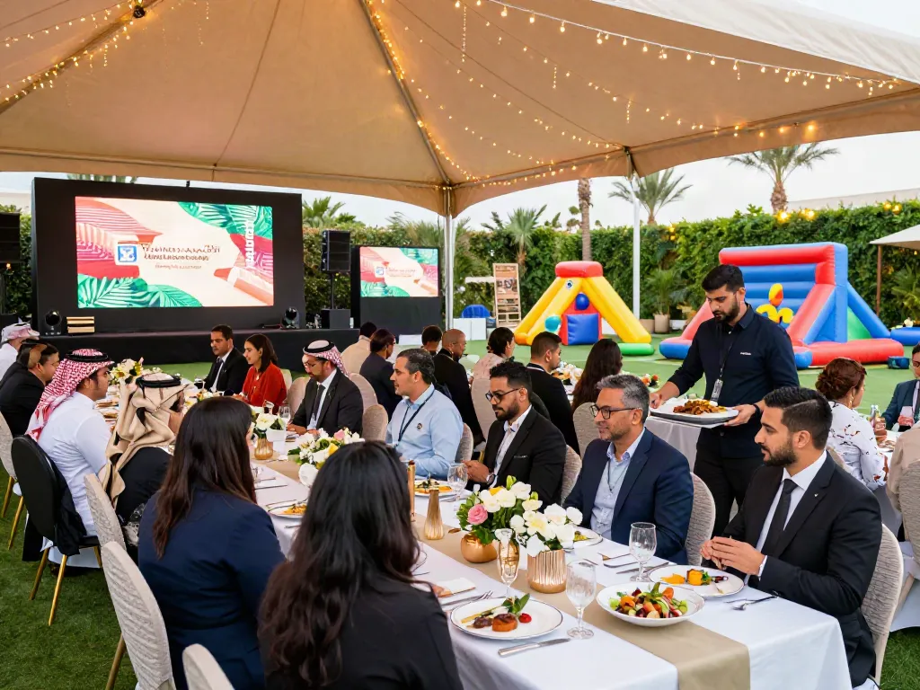 Event rentals at a corporate gathering in Saudi Arabia showcasing luxury decor, AV technology, and vibrant atmosphere.