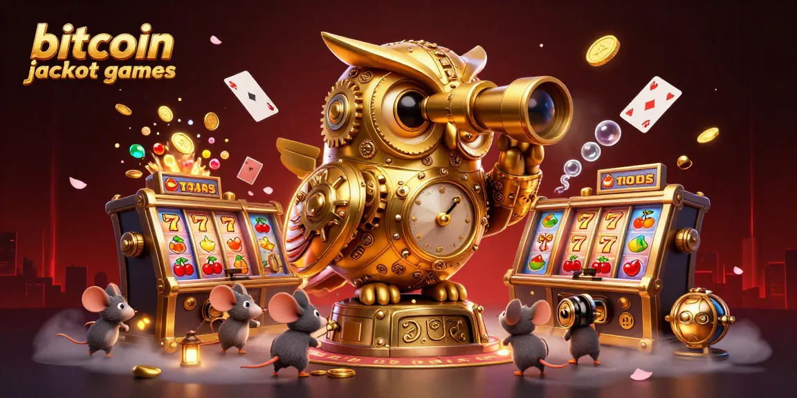 Engage with vibrant bitcoin jackpot games featuring a golden owl, slot machines, and treasure loot.