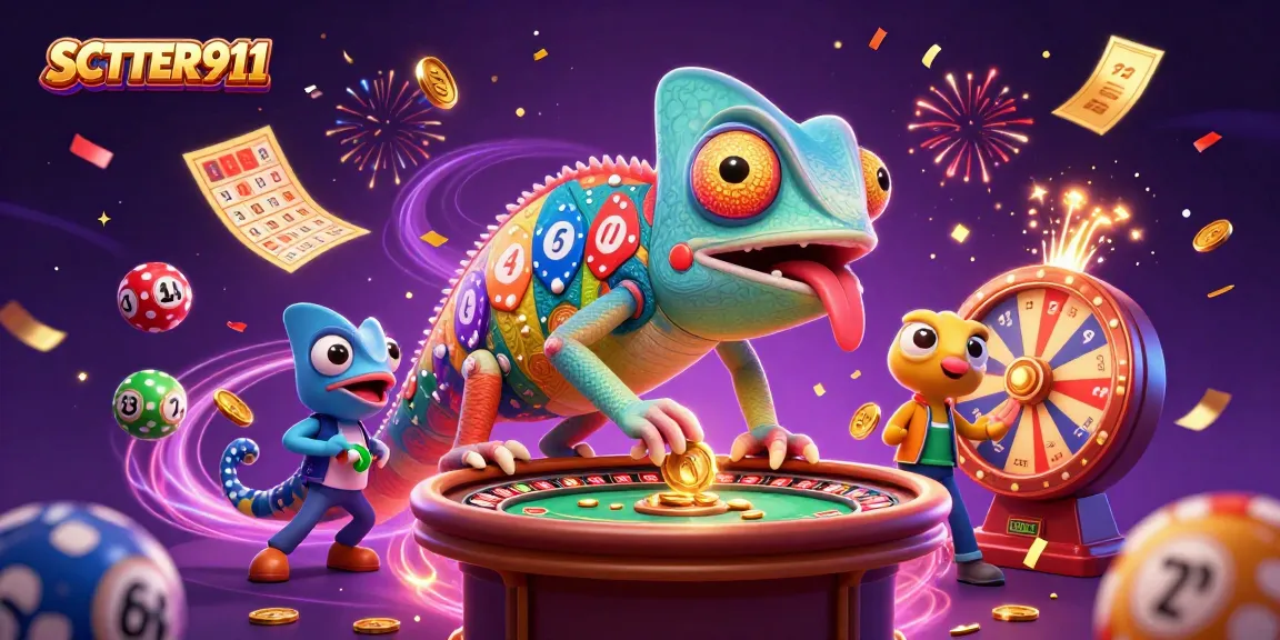 Engage with SCATTER911's vibrant casino world filled with colorful lottery elements and a lively chameleon mascot.