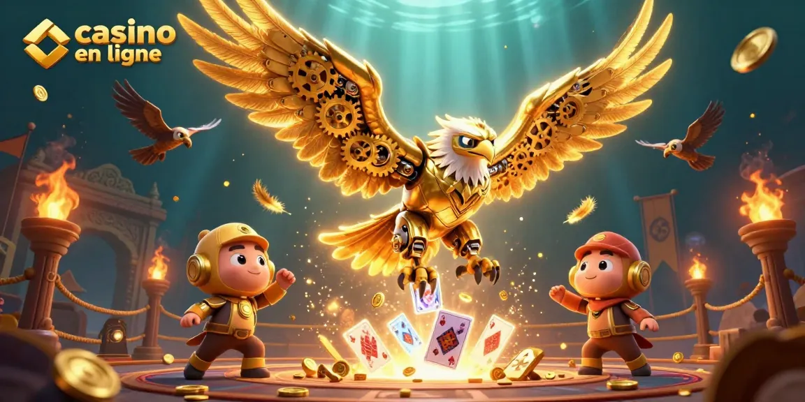 Plongez dans l'univers fascinant du casino en ligne avec cette illustration dynamique mettant en scène un aigle doré cybernétique.