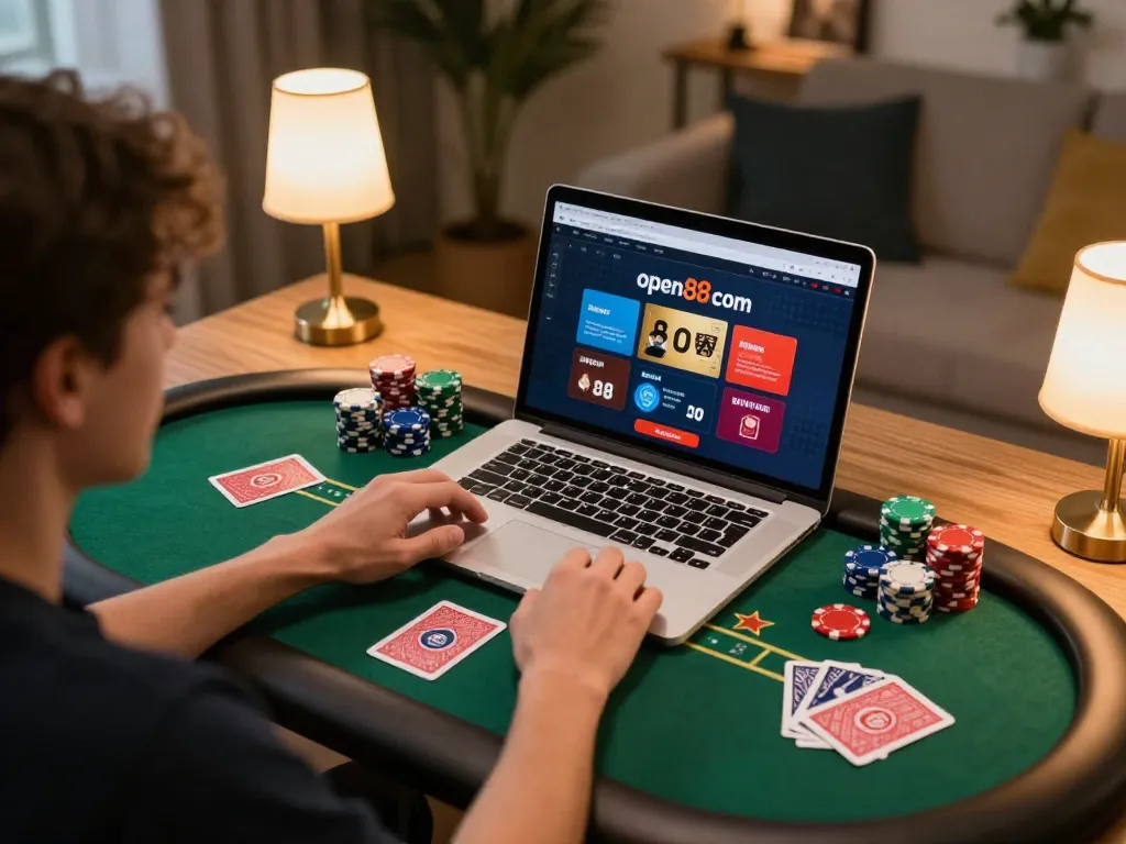 Engaged player enjoying the excitement of online gambling on open88 com, showcasing poker strategy.