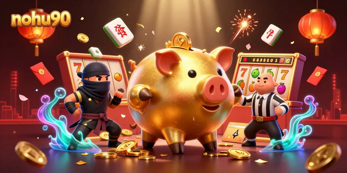 Engage with thrilling gaming elements at nohu90 featuring a sumo wrestler, ninja, and referee in a vibrant casino scene.