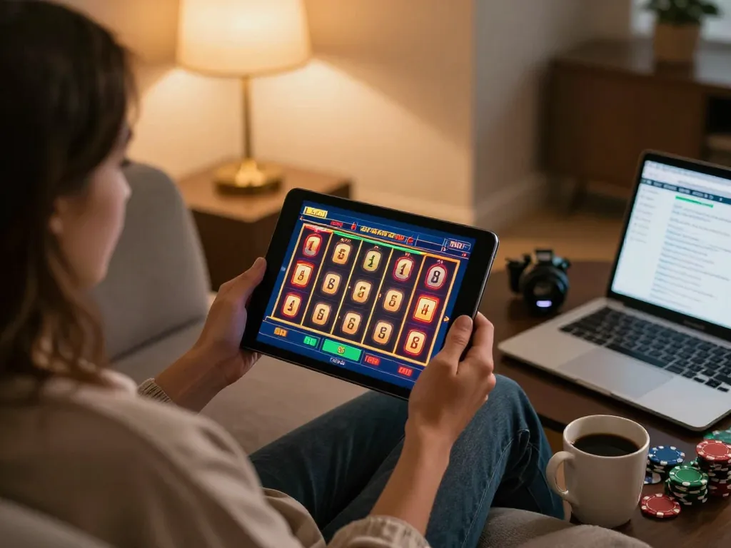 Person enjoys online fabet gaming on tablet, showcasing winning slot machine reels in a cozy home setup.
