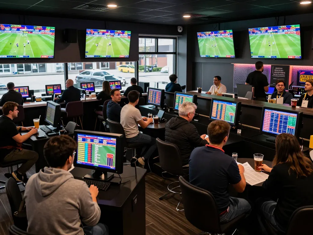 Bongdallu users engaged in high-energy betting atmosphere at a sports lounge, strategizing their wagers.