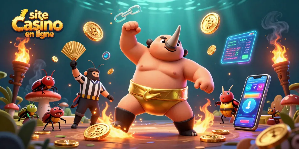 Un site casino en ligne présente un combat dynamique avec un scarabée sumo faisant pleuvoir des pièces d'or lors d'un événement coloré.