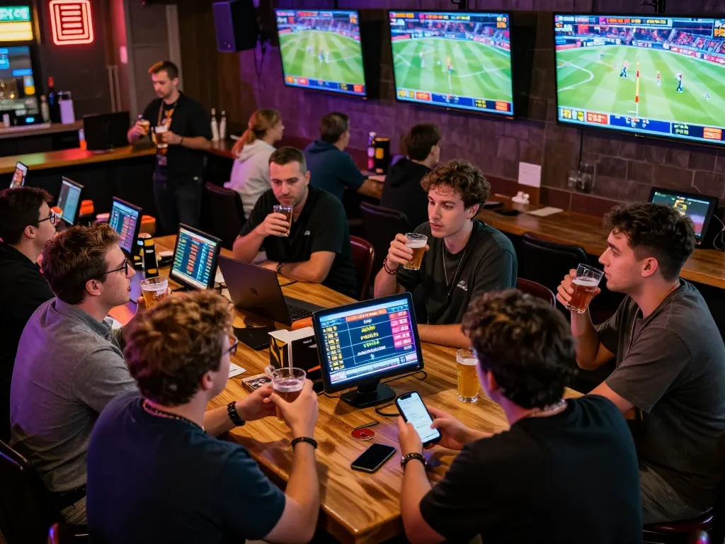 Engaging sports betting atmosphere at 98 win with fans cheering while placing bets.