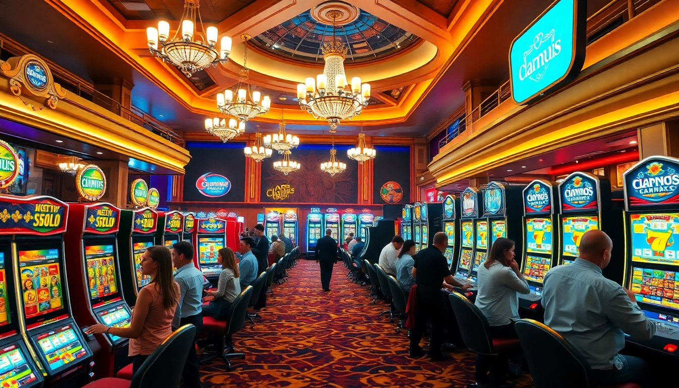 Experience daftar situs slot terpercaya in a lively casino environment with vibrant slot machines.