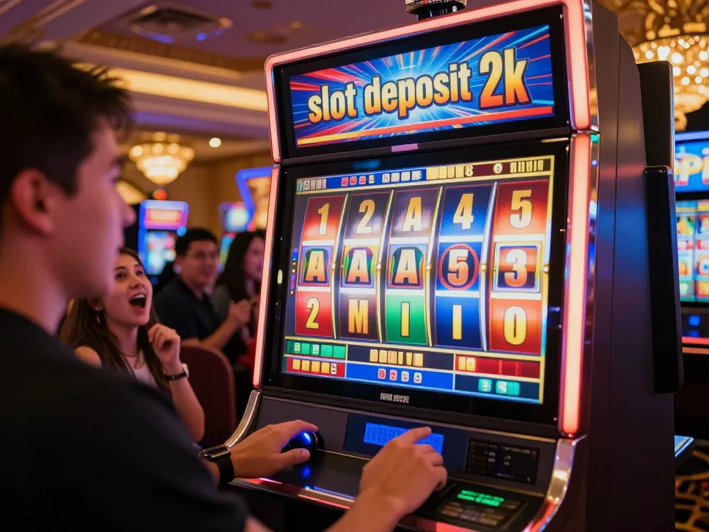 Player at slot machine labeled slot deposit 2k during an exciting gaming moment.
