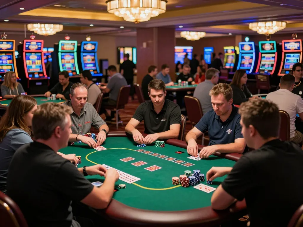 Catch the excitement as kkwin players engage in thrilling poker gameplay amidst a vibrant casino atmosphere