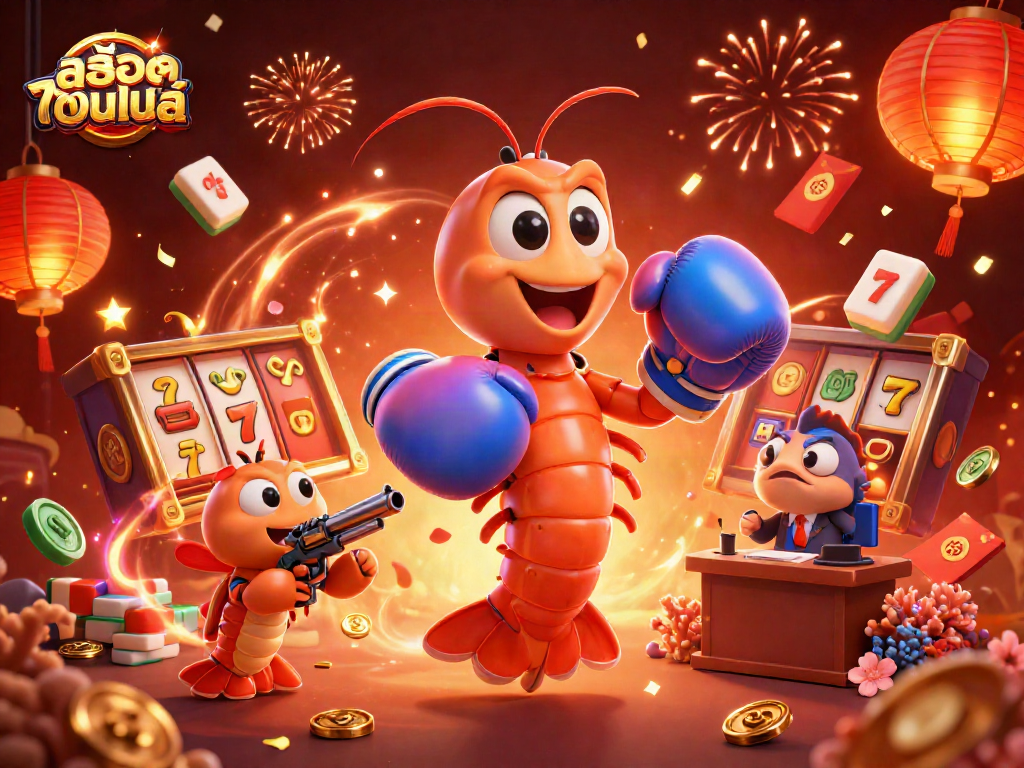 Spin the reels of สล็อตออนไลน์ with vibrant characters and festive casino elements, showcasing excitement.