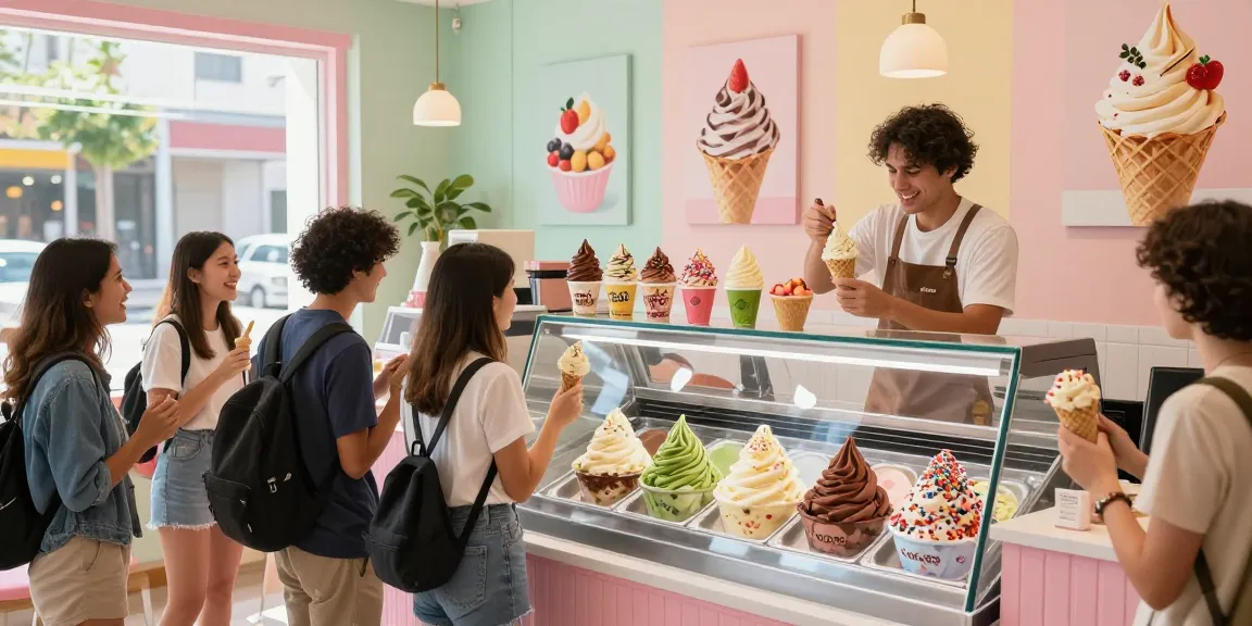Enjoying rokok88's premium ice cream flavors in a vibrant shop.