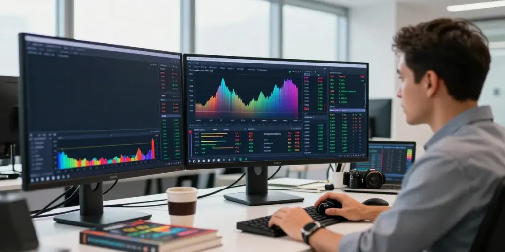 Trader analyzing forex market trends using MetaTrader 5 on multiple screens in a bright office.
