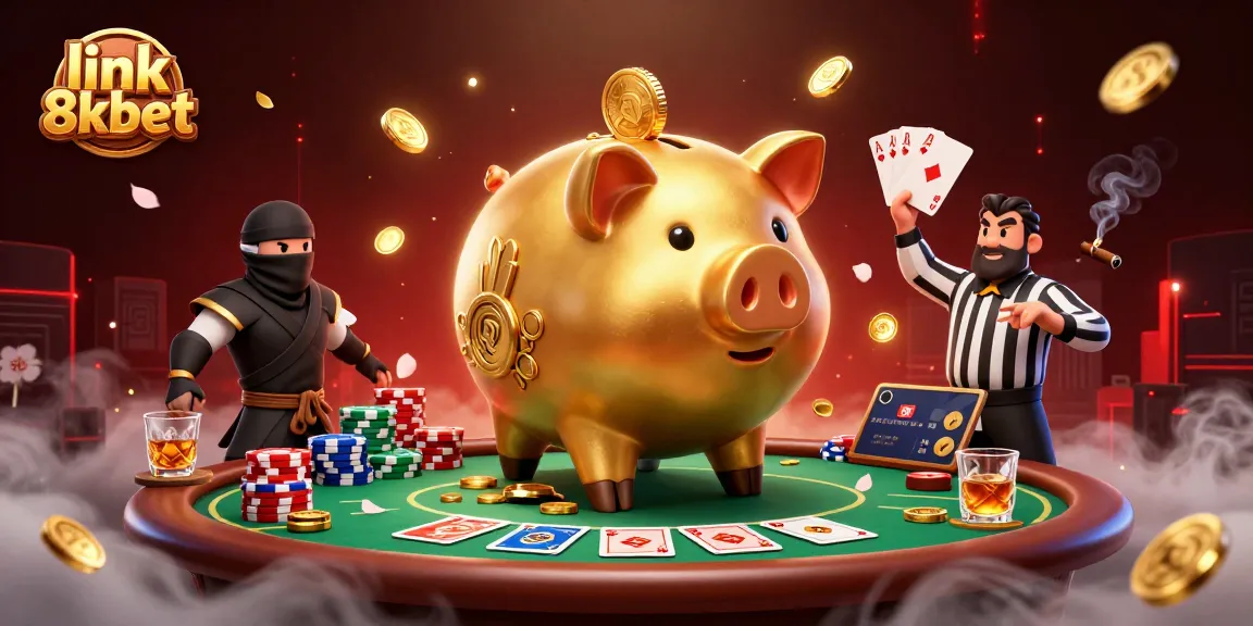 Join the fun at link 8xbet while a golden piggy bank wrestler stomps coins amidst a vibrant casino scene!