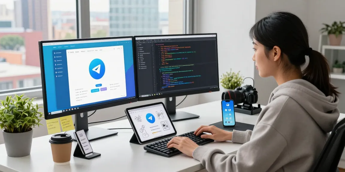 Developer engaged with telegramin-cn.com on dual monitors in a modern workspace.