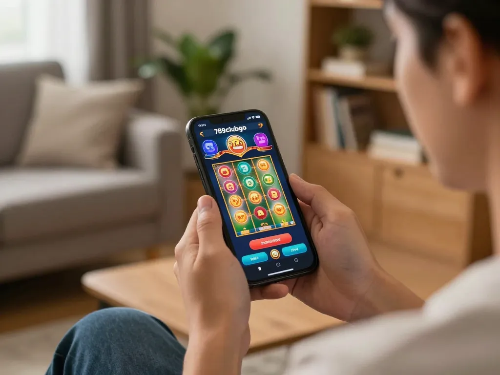 Player enjoying an exciting moment on 789clubgo mobile app, spinning colorful slot reels in a cozy living room.
