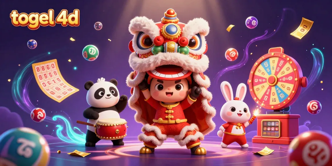 Menangkan togel 4D dengan suasana meriah dari lion dance, panda, dan kelinci di gambar penuh warna ini.