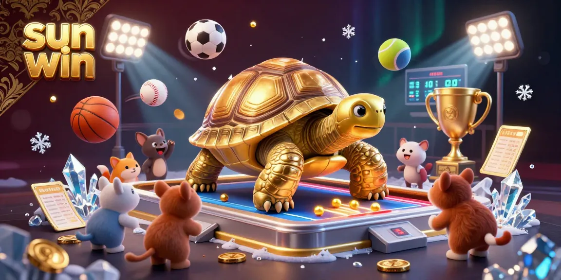 Engage in thrilling play at Sun Win, featuring a giant tortoise pinball machine with vibrant sports elements and gold coins.