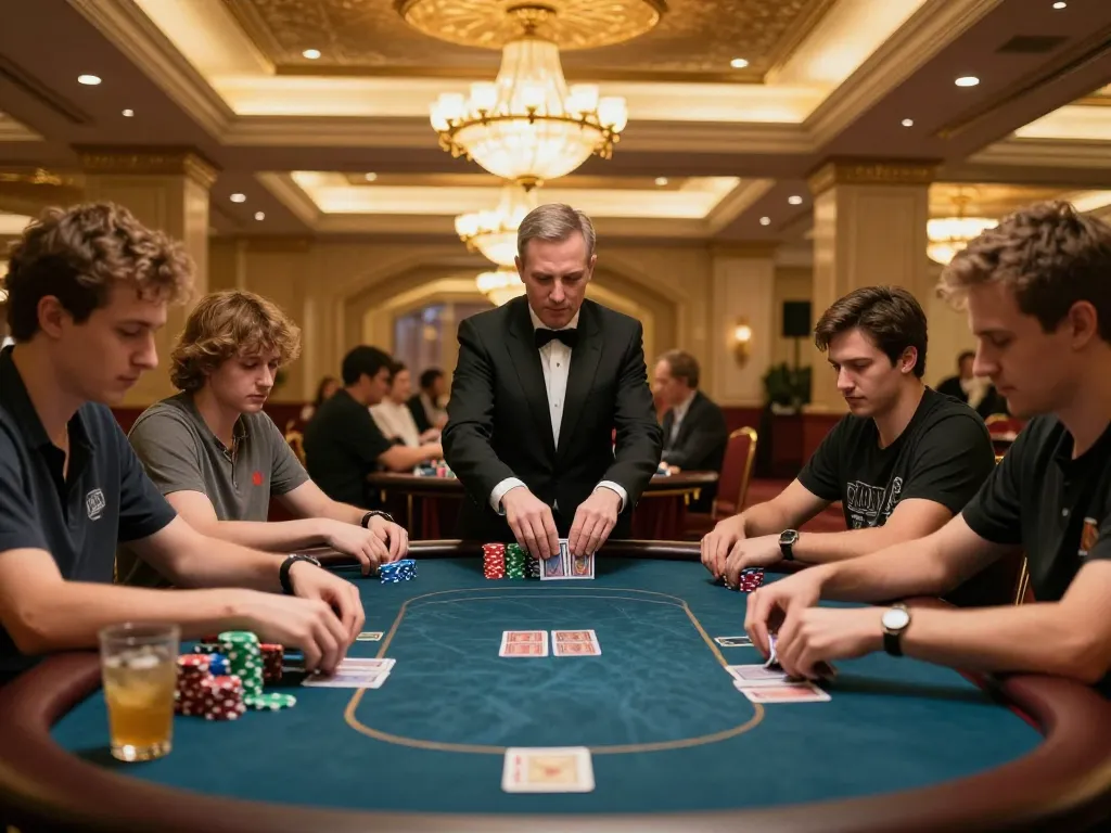 Players strategizing at a poker table in 68gamebaivn's luxury casino environment.