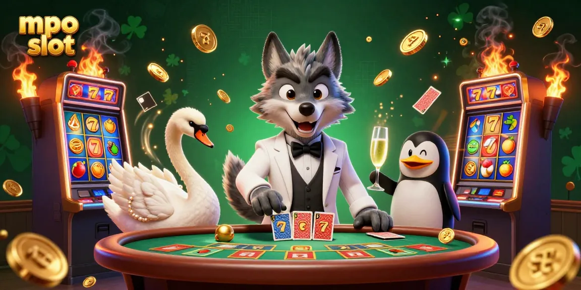 Spin the reels and win with mpo slot in this vibrant casino scene featuring animated characters.