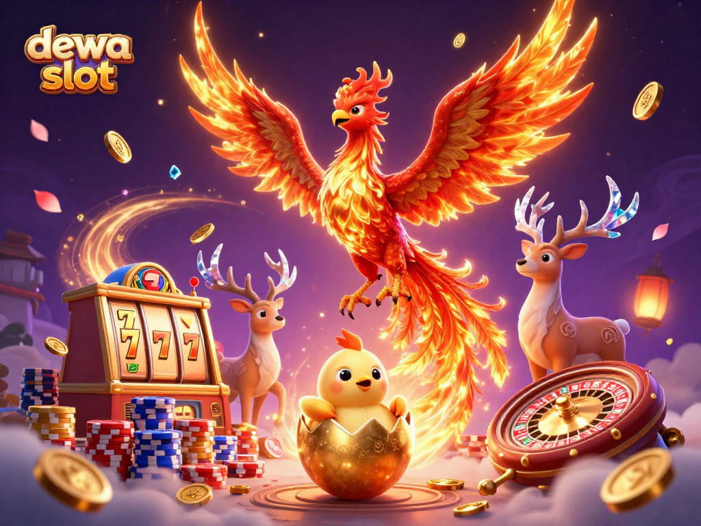 Menggambarkan dewa slot dengan phoenix api dan elemen permainan kasino yang berkilauan dan mengasyikkan.