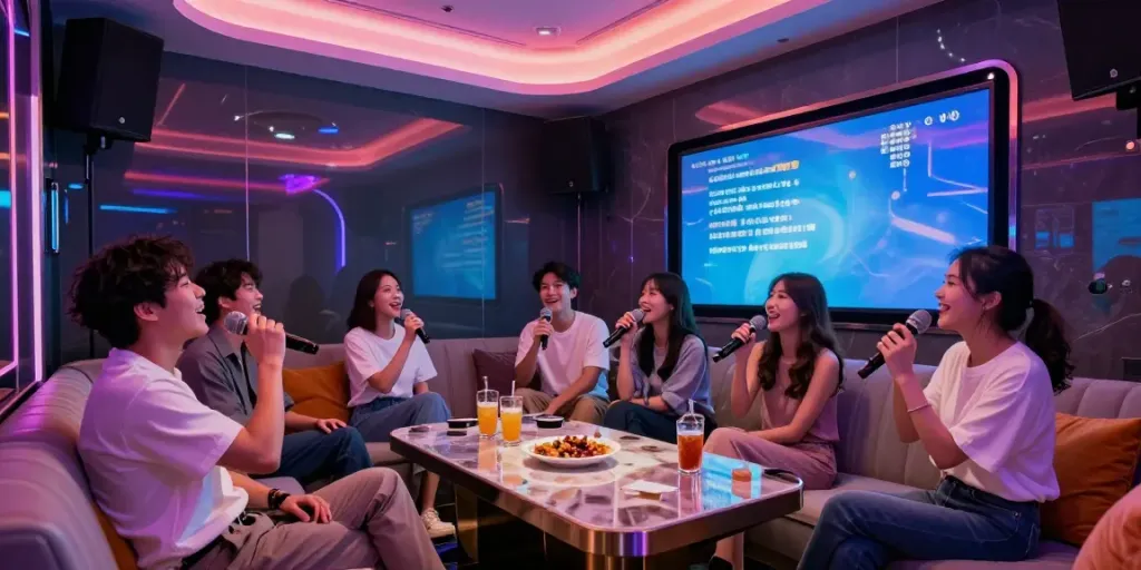 강남 달토의 현대적인 가라오케 룸에서 친구들이 함께 노래를 부르고 있는 모습