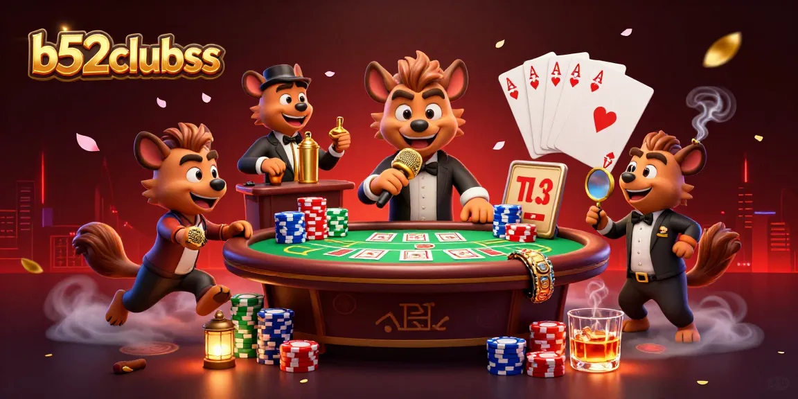 B52clubss hyenas running a casino club with vibrant poker elements in rich illustration.