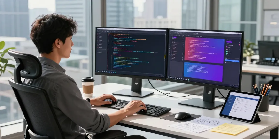 Efficient workspace with dual monitors displaying code and design applications using 截图软件 in a bright professional setting.