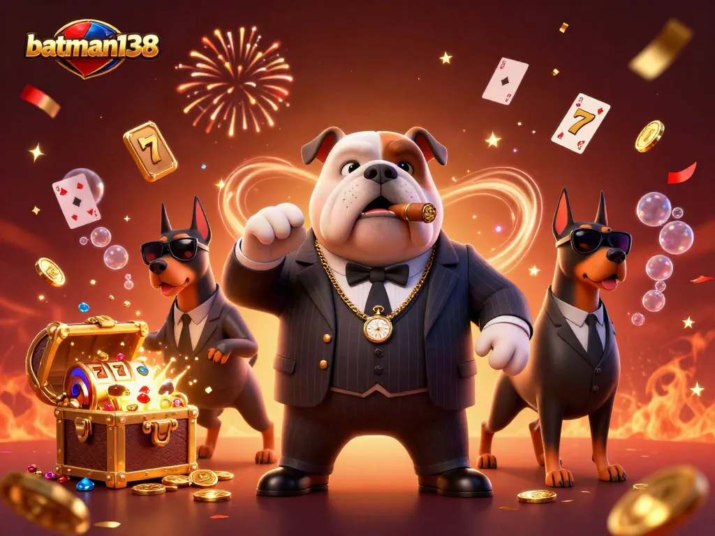 batman138 menampilkan ilustrasi kasino digital yang kaya warna dengan karakter bulldog mafia dan elemen permainan menyenangkan.