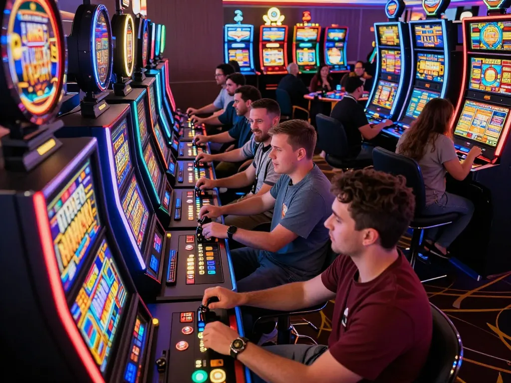 Players enjoying slot machines in a vibrant casino, fully engaged with colorful displays and excited atmosphere.
