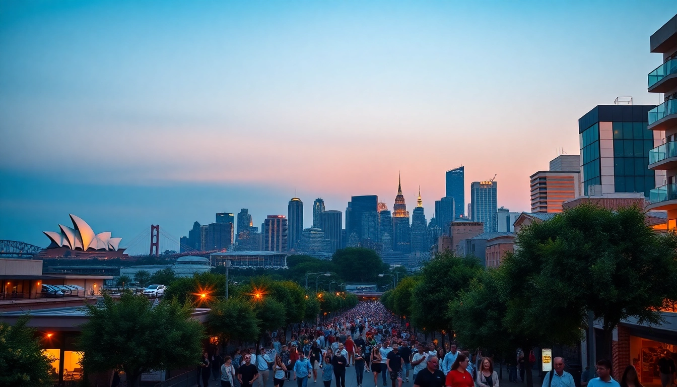Explore vibrant Australian cityscape with iconic landmarks during sunset.