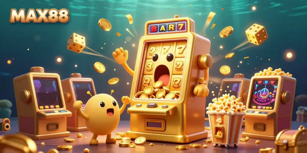 MAX88 slot machine celebrates a jackpot win surrounded by golden elements and fireworks.