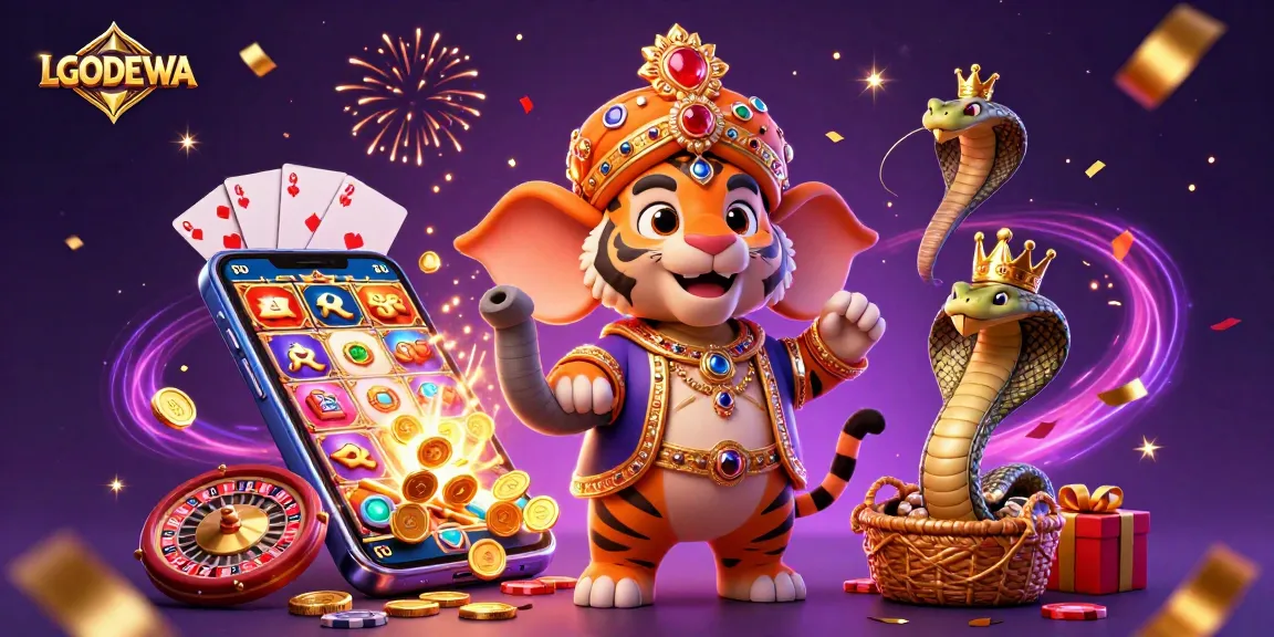 Spin the reels and win with LGODEWA's dynamic casino scene featuring vibrant gaming elements.