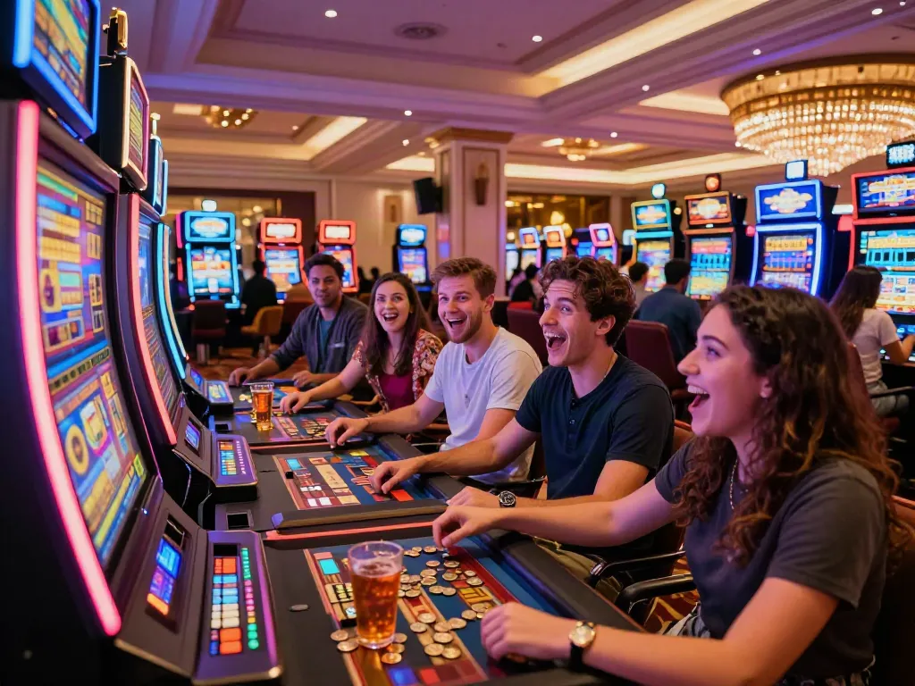 Pengunjung bahagia bermain slot di kasino dengan cahaya neon berwarna-warni.