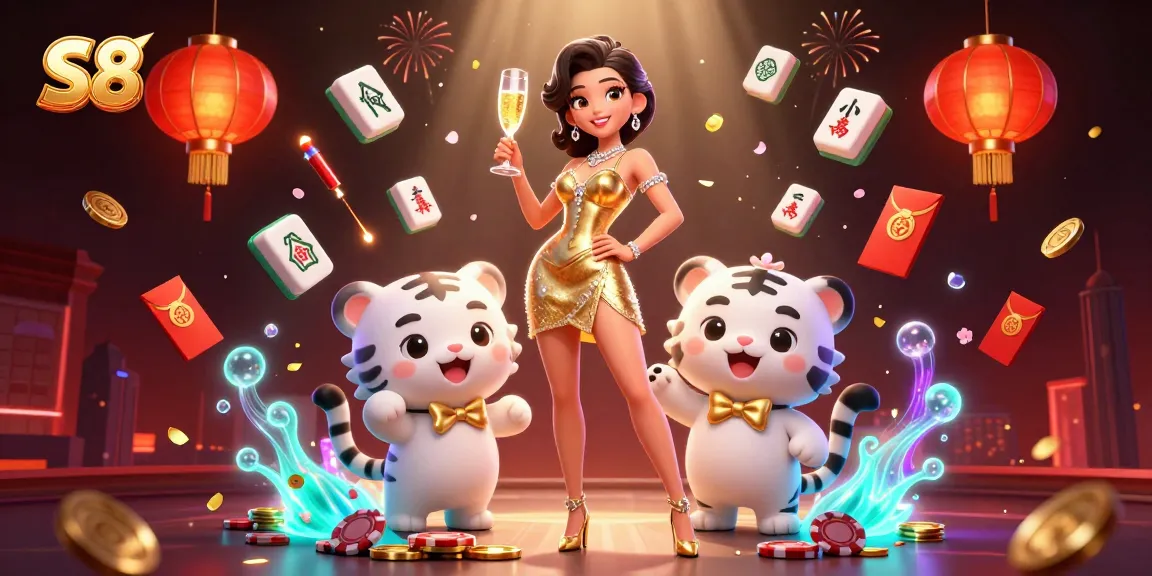 Experience the excitement of S8 with vibrant casino visuals featuring a glamorous woman and a lucky tiger.