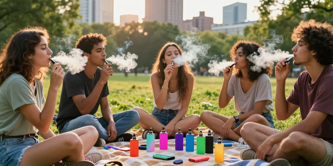 Friends enjoying 電子煙油 in a park, with vibrant greenery and city skyline background, capturing modern vaping culture.