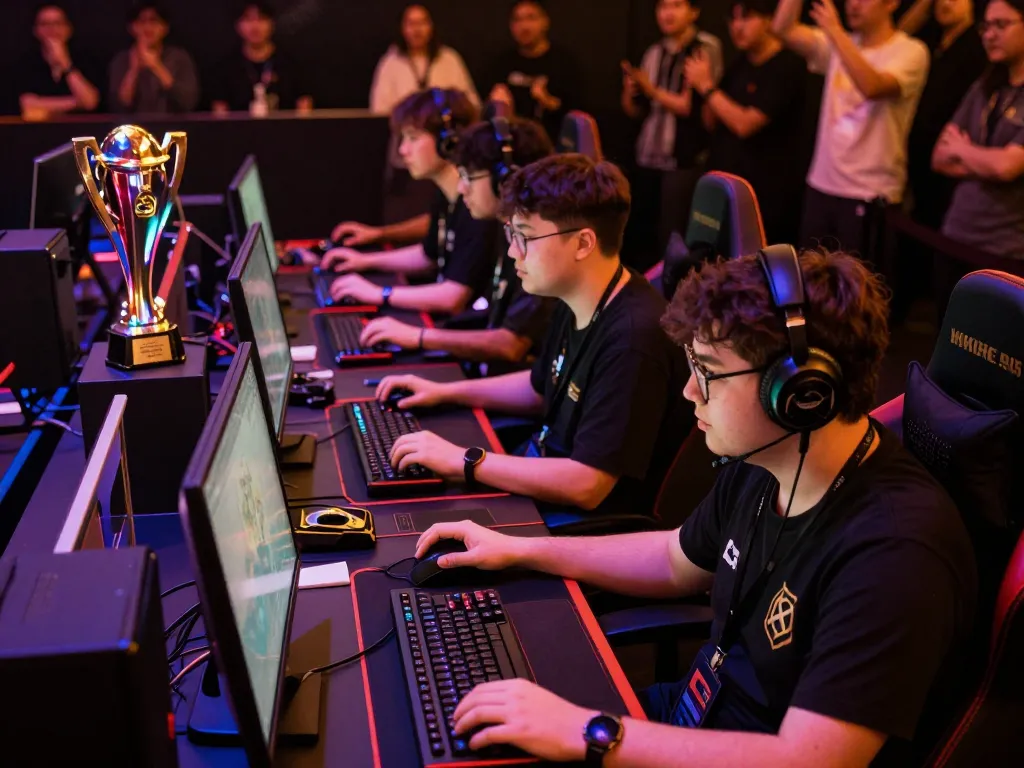 KPK100 e-sports tournament showcasing gamers engaged in competitive play with vibrant lighting.