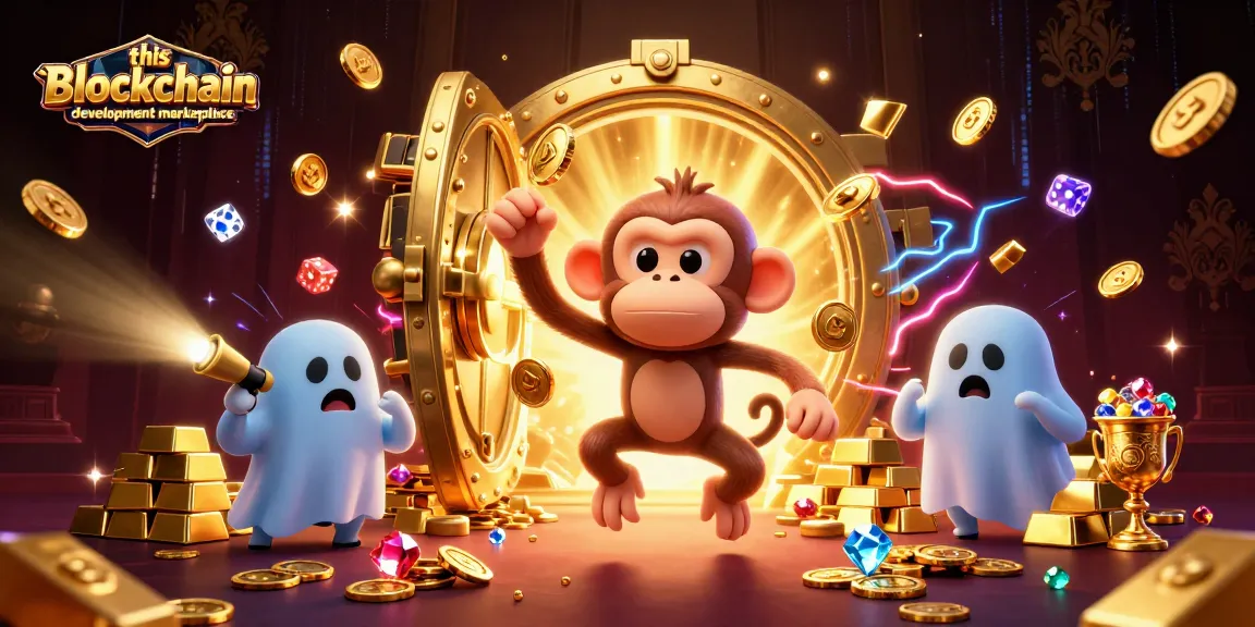 This Blockchain development marketplace showcases a poltergeist monkey juggling casino coins in a haunted setting.