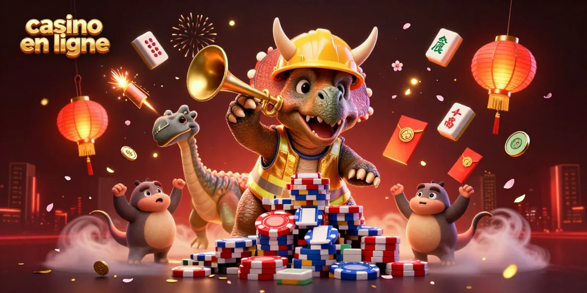 Découvrez le casino en ligne avec un triceratops jouant avec des jetons de poker et des éléments festifs.