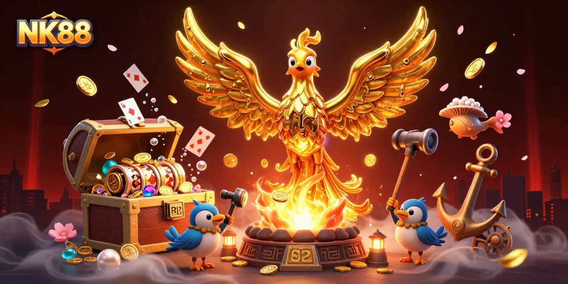 Spin and win with NK88 as a golden phoenix rises above bursting treasures in an enchanting casino scene.