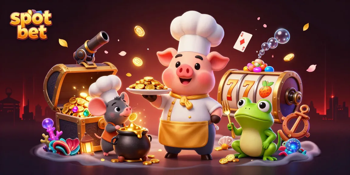 Slot bet menang besar dengan karakter chef 3D, kelinci, dan katak menilai uang emas.