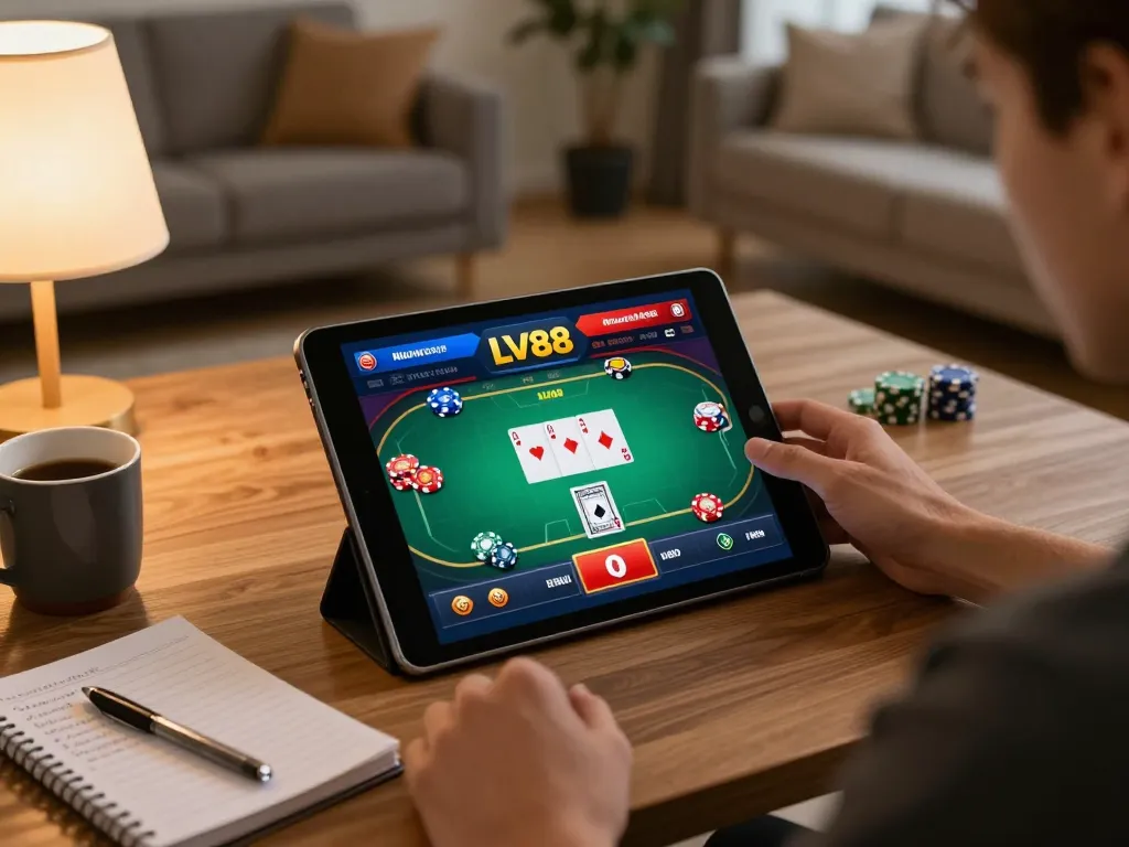 Engaging in online LV 88 casino gaming on a tablet in a cozy home environment.