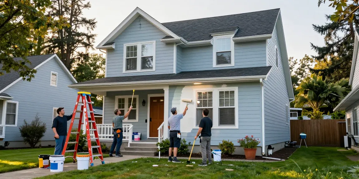 Portland painters expertly applying fresh paint on a home exterior in a sunny neighborhood.