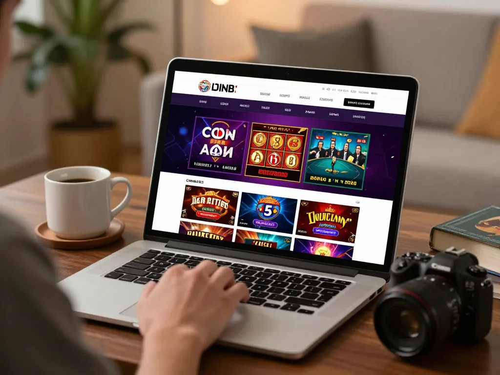Engaging online casino gameplay on nhacaiuytinn with vibrant game thumbnails in a cozy home setup.