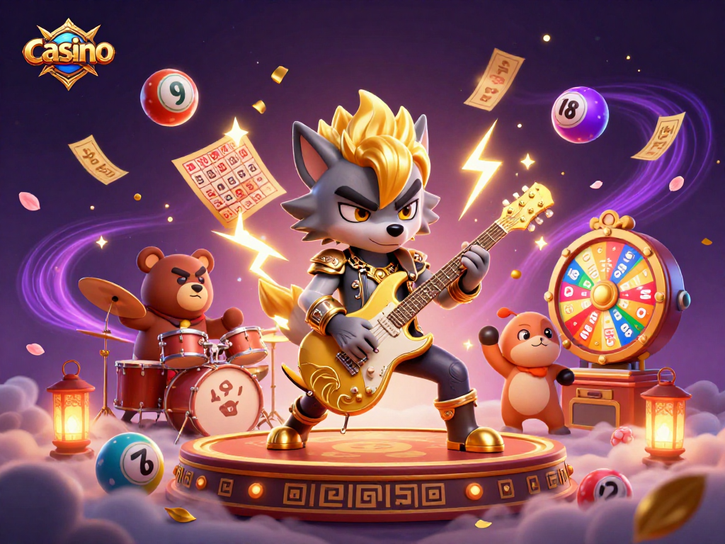 Dynamic casino scene with a wolf guitarist and bear drummer amidst lottery elements and vibrant effects
