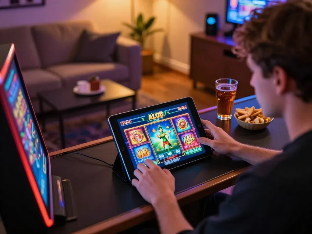 Player engaging with ALO8 mobile casino app, showcasing vibrant slot machine interface and cozy home atmosphere.