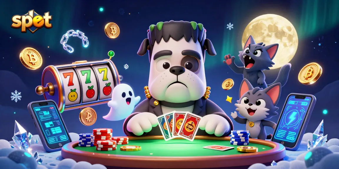 Spin the slot reels with the playful Frankenstein bulldog at a spooky casino table