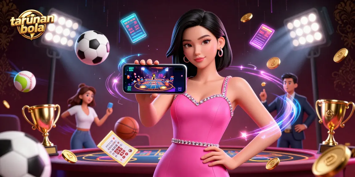 Experience taruhan bola excitement with a stunning Asian woman showcasing live dealer games and sports elements in an engaging illustration.