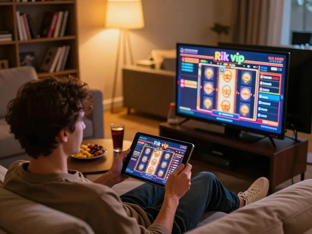Engaging in online slot gaming on rik vip while relaxing at home.